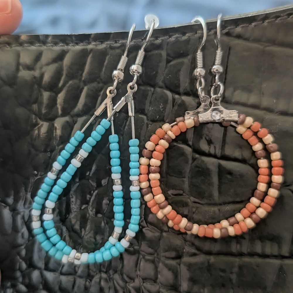 Beaded Hoop & Teardrop Earrings Set - Turquoise and Coral